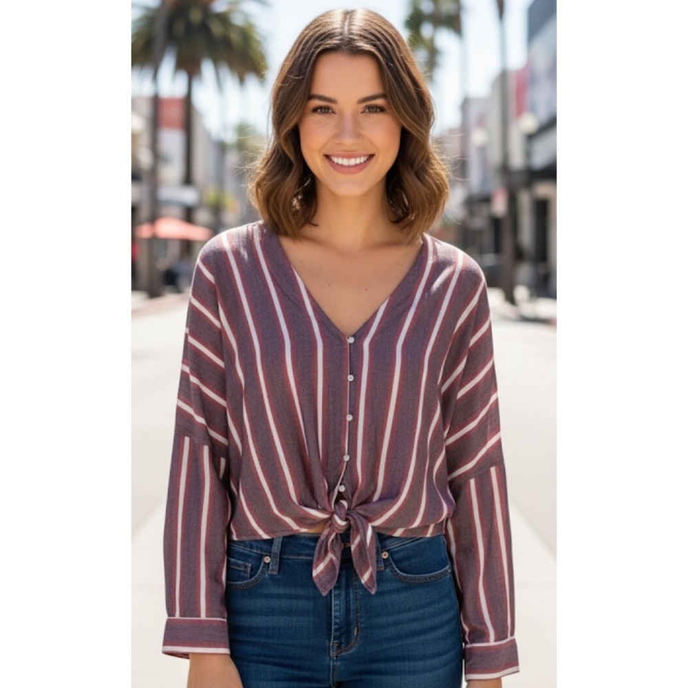 Express Oversized Striped Button Down Crop Top Sz M Shirt Berry Red Metallic 355